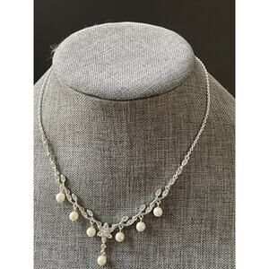 Premier Design Silver Tone Faux Pearl Floral Rhinestone Beaded 18in Necklace